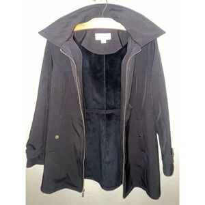 Michael Kors Womens Size L Black Hooded Rain Coat Anorak Gold Tone Hardware